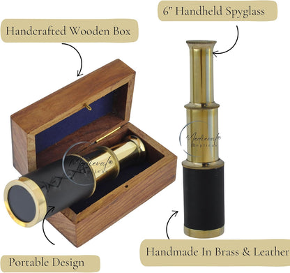 6" inch Handheld Brass Telescope with Wooden Box - Pirate Navigation.