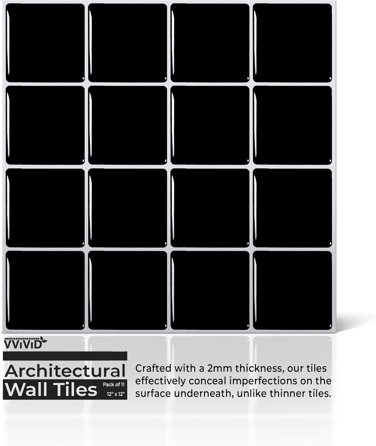 VViViD 11 Sheets Peel and Stick Grey Gloss Faux Ceramic Brick Wall Tiles, Self Adhesive Backsplash 12”x12”, 2mm Thick Kitchen, Bathroom (11 sq. ft.)