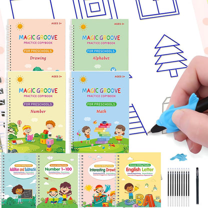 4 Pcs Reusable Grooved Handwriting Practice Books, Magic Practice Copybook with Disappearing Ink Pens Pencil Grips, Handwriting Workbook Letter Tracing Books for Kindergarten Preschool Kids Age 3-8