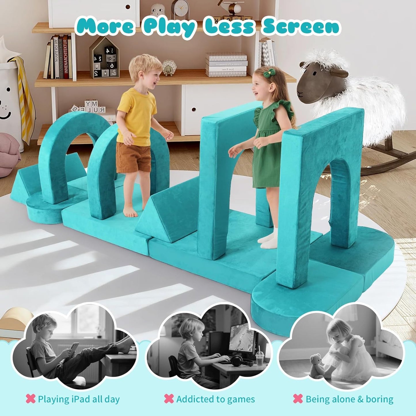 Tangram Puzzles modular kids play couch building fort, Children explorer sofa with Ball Pit, Kids playroom convertible furniture for Inspiring Child Creativity, Made entirely of sponge (Blue Series)