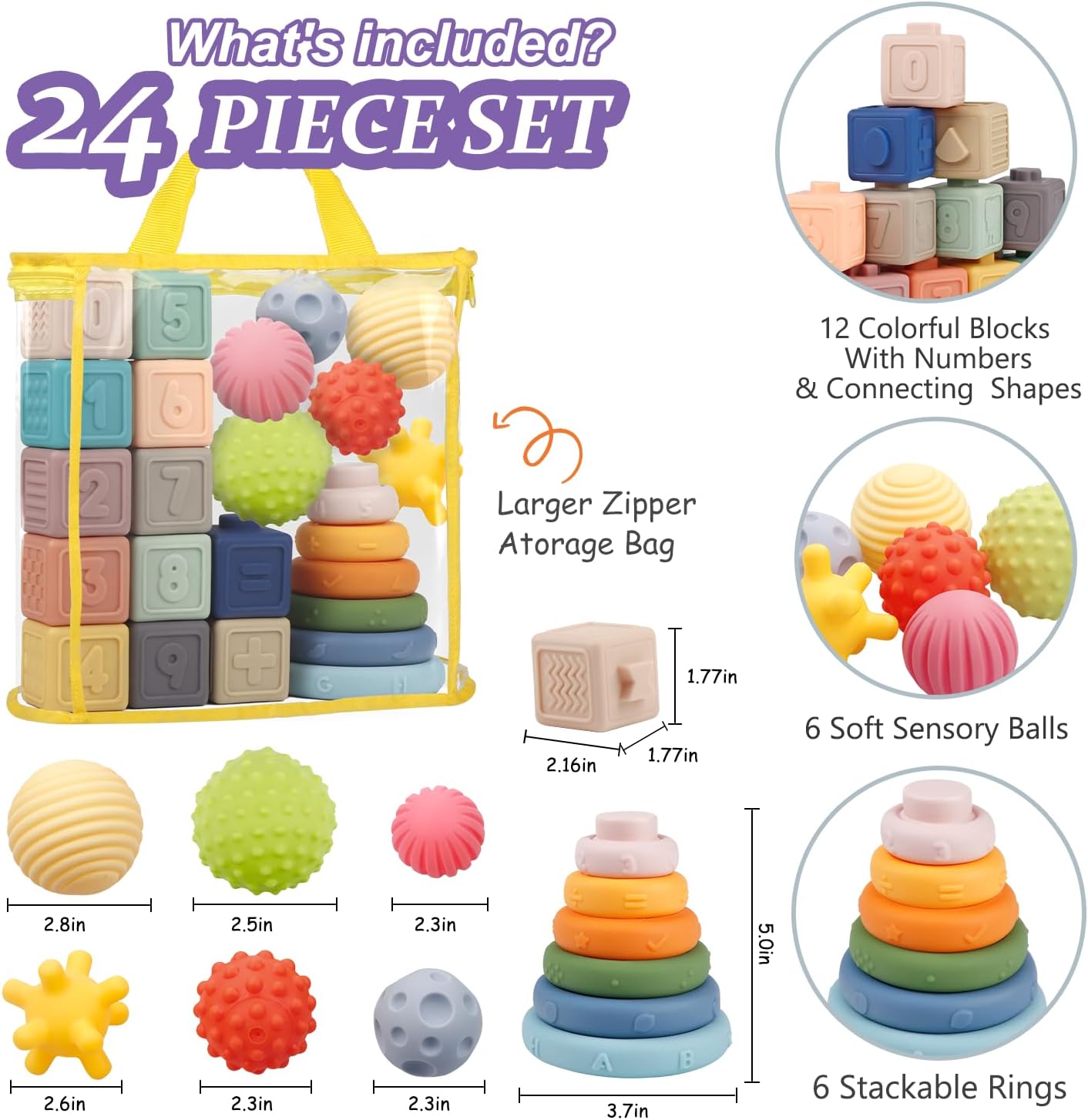 Montessori Baby Toys - Soft Baby Blocks, Stacking Rings & Sensory Balls, 24Pcs 3-in-1 Teething Toys Set for Babies 6-12 Months, Building Blocks Easter Birthday for Boys Girls