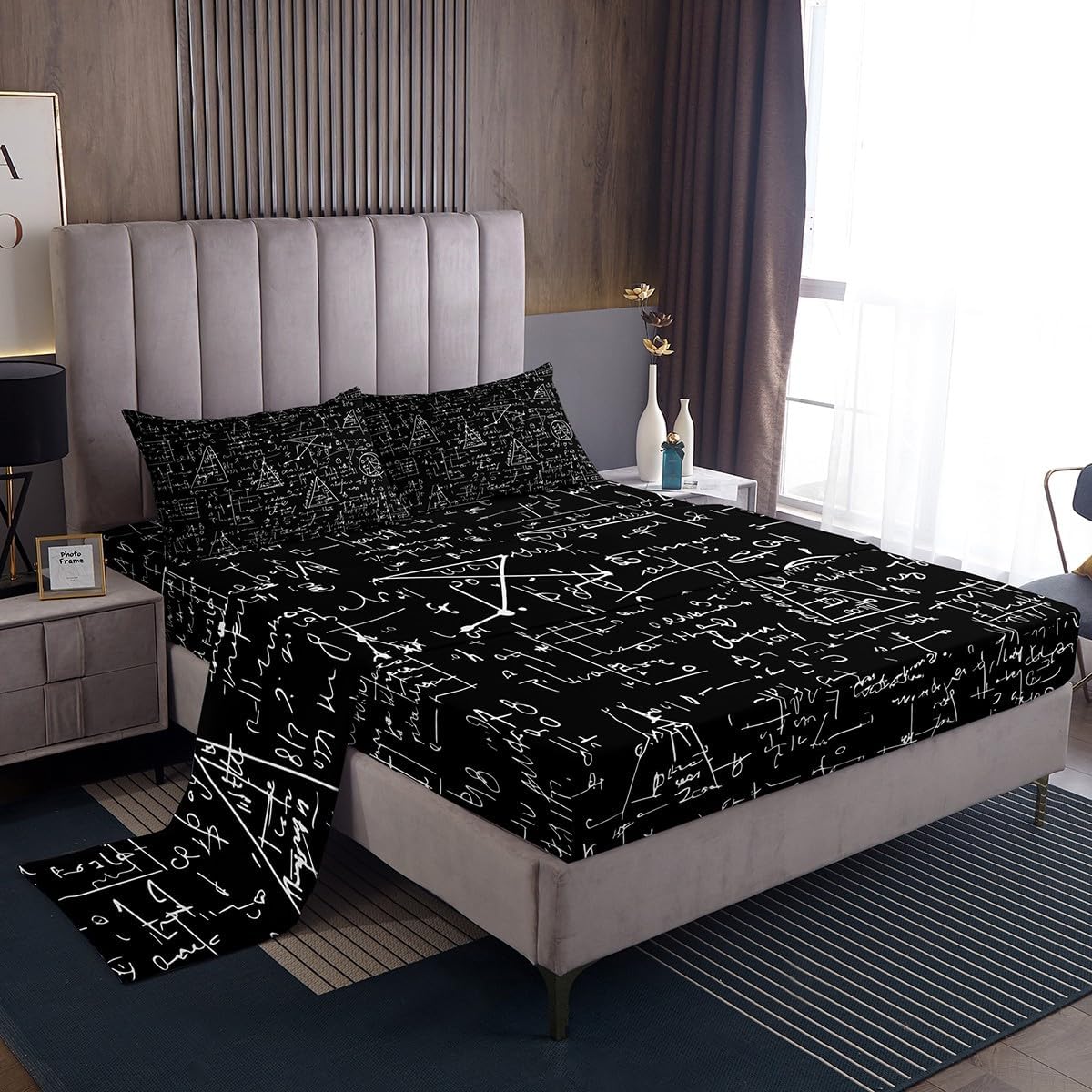 Erosebridal Science Theme Bed Sheets Set Full Size for Boys Girls Chemistry Periodic Table Print Sheet Set Chemical Subject Theme Sheets Teens Kids Math Science Atyle Fitted Sheet 4 Pcs