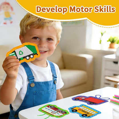 Vehicle Lacing Cards,Double Side Toddler Sewing Kit for Kids,Fine Motor Skills Toys,Shoe Tying Practice,Manipulatives for Preschoolers,Classroom Must Haves,Preschool Learning Activities