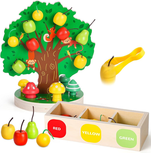 Woodtoe Montessori Toys for 3 4 5 6 Year Old, Pumpkin Picking Magnetic Leaves Tree Toy, Toddler Fine Motor Skill Toy, Wooden Sensory Color Sorting Toys, Autumn Pumpkin Toy Birthday Gifts for Kids 3-6