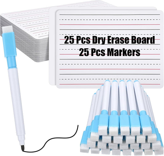 ReliThick 25 Pcs Lined Dry Erase Board with Markers 9 x 12 Double Sided Whiteboards Dry Erase Lapboards with Lines Ruled Writing Board Handwriting Practice