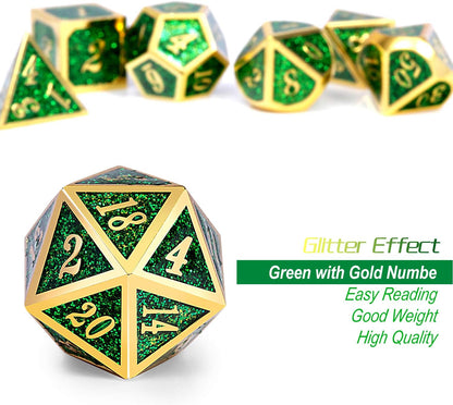 DnDnD Heavy Polyhedral Metal Dice Set with Metal Box, 7-die Shiny Blue Surface with Golden Number for RPG,Dungeons and Dragons,Pathfinder,Shadowrun,D&D,Role Palying Game and Math Teaching - Colors B