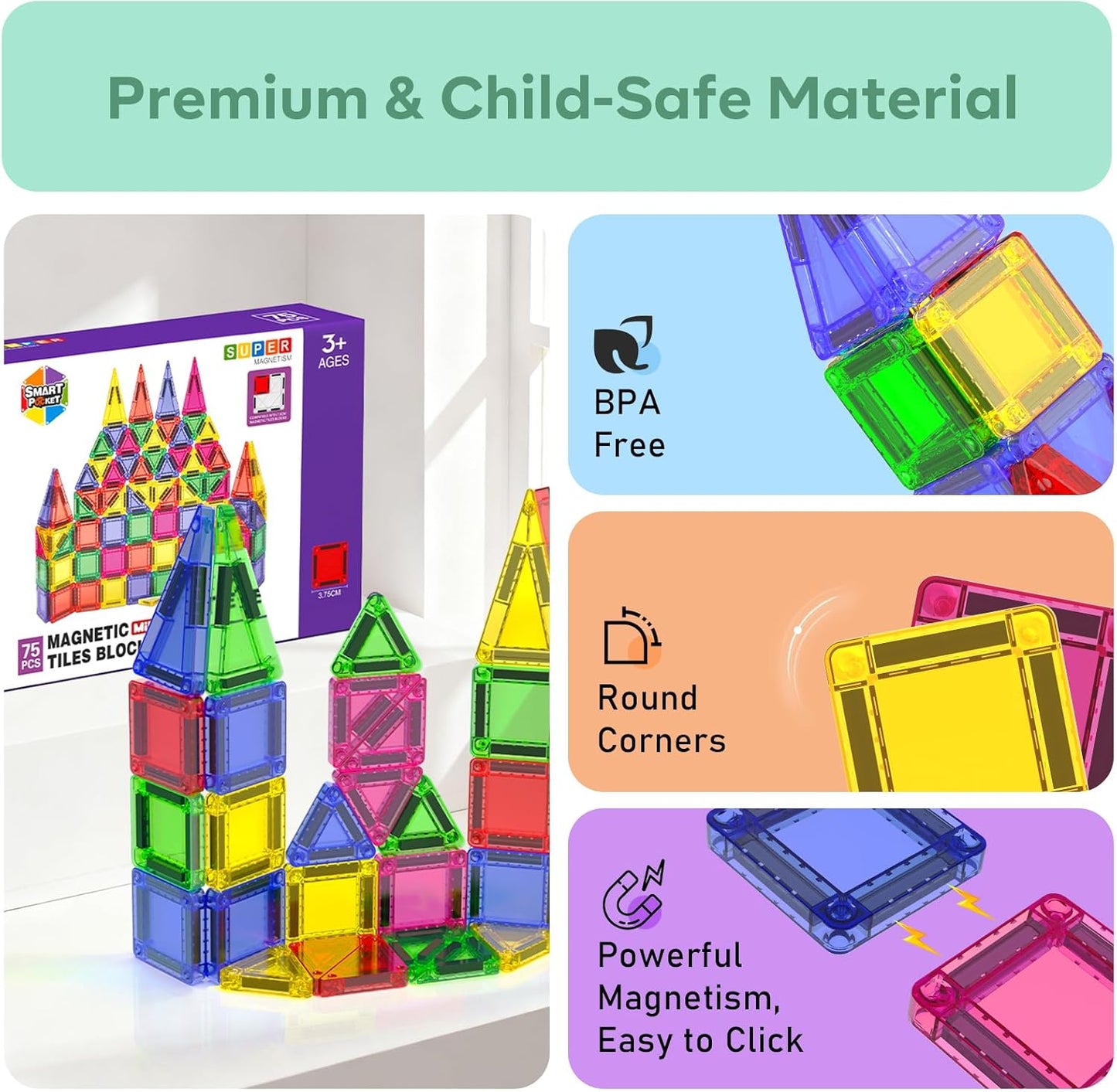 Mini Magnetic Tiles, 40 PCS Travel Magnetic Tiles with Tin, Micro Magnet Travel Toy Portable for Kids Age 3+, STEM Educational Building Set Construction Toys, Boys Girls Toddlers Birthday Gifts