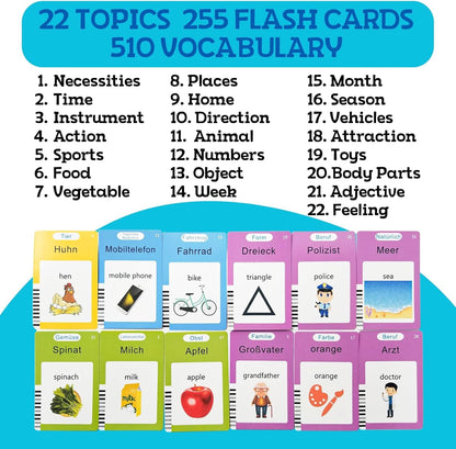 ZEENKIND German & English Talking Flash Cards with 510 Sight Words for Toddlers 2 3 4 5 6 Years Old, Learn German for Kids, Audible Pocket Speech Early Learning Bilingual Flashcard Toys, 255 Cards