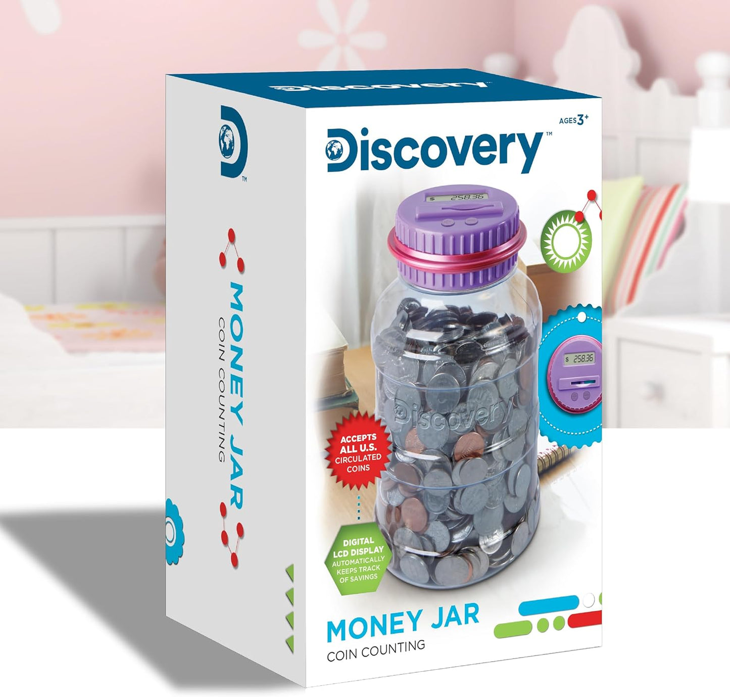 Discovey Digital Coin Counter Money Jar, LCD Screen, Automatic Piggy Bank Savings for US Coins, Keeps Track of Deposits, Battery Operated, Kids Gift