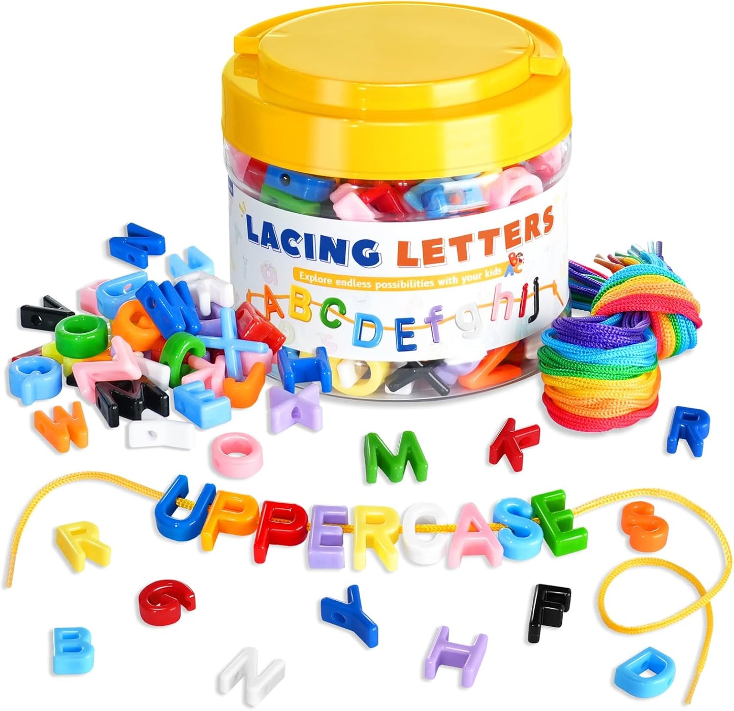 278 Pcs Lacing Letters Beads, Lowercase Alphabet Learning Toys, 10 Color Rainbow Alphabet Beads with 18 Laces, Preschool & Home Educational Toy for Kids Ages 3+, Back to School Supplies