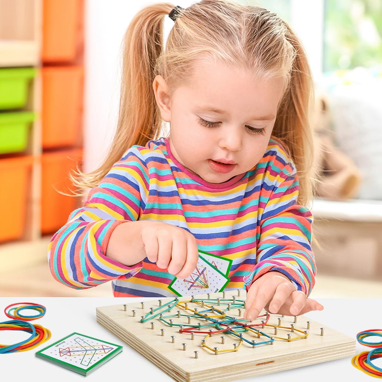 Skrtuan Wooden Geoboard with Pattern Cards & Rubber Bands, Montessori STEM Educational Toy for Kids 3-5 5-8 Years Old, Brain Teaser Puzzle Game for Geometry Learning and Creative Shapes