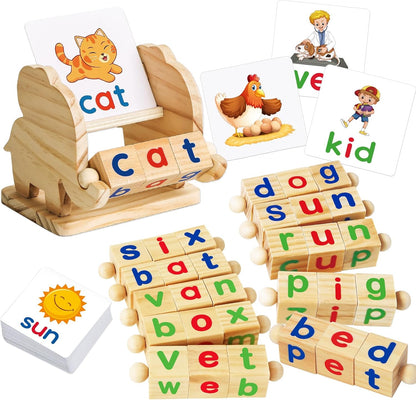 ShyLizard Montessori Learning and Educational Toys Gifts for Kids 3 4 5 Years, Wooden Reading Blocks Toys, Learning Activities for Preschool Kindergarten, Turning Rotating Matching Flash Card Games