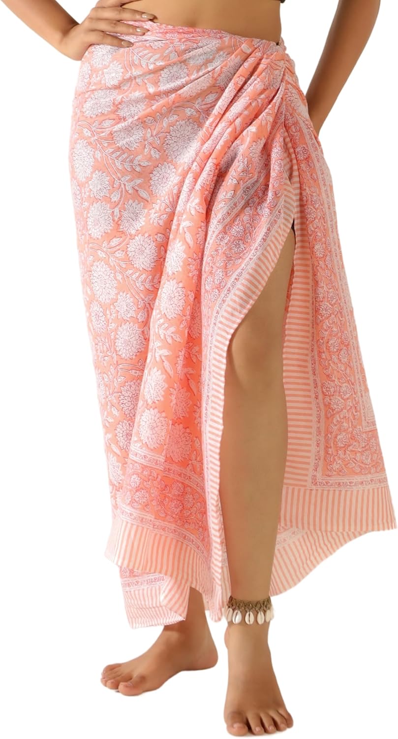 100% Cotton Sarong Cover Up for Women Indian Block Print Beach Wrap Skirt Long Boho Swimsuit Bikini Pareo (73” x 43”)