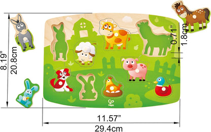 Hape Construction Peg Puzzle| 10 Piece Wooden Peg Jigsaw Puzzle Game, Learning Toy for Toddlers
