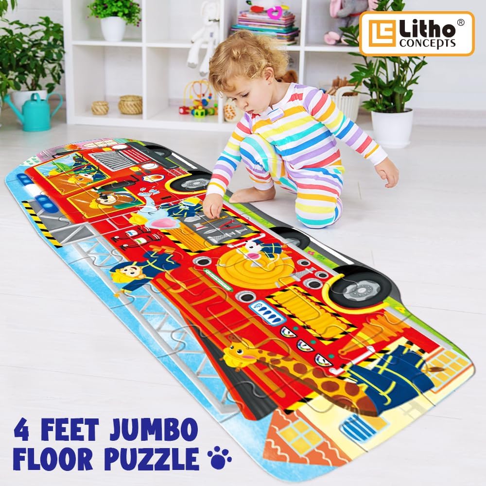 Big Red Fire Truck 4-Foot Long Jumbo Floor Puzzle - 24 Extra-Large Pieces, Fun Educational Toy for Kids Ages 3+, Durable & Easy to Assemble