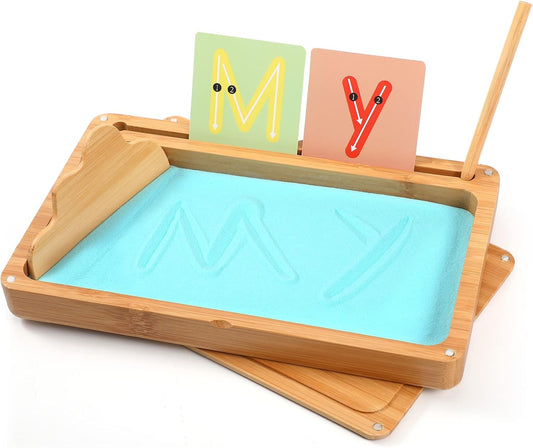 AtMini Montessori Sand Tray with Lid - Wooden Sand Trays for Kids Writing Letters and Numbers, Preschool Classroom Must Haves, Kindergarten Learning Tools (Blue)