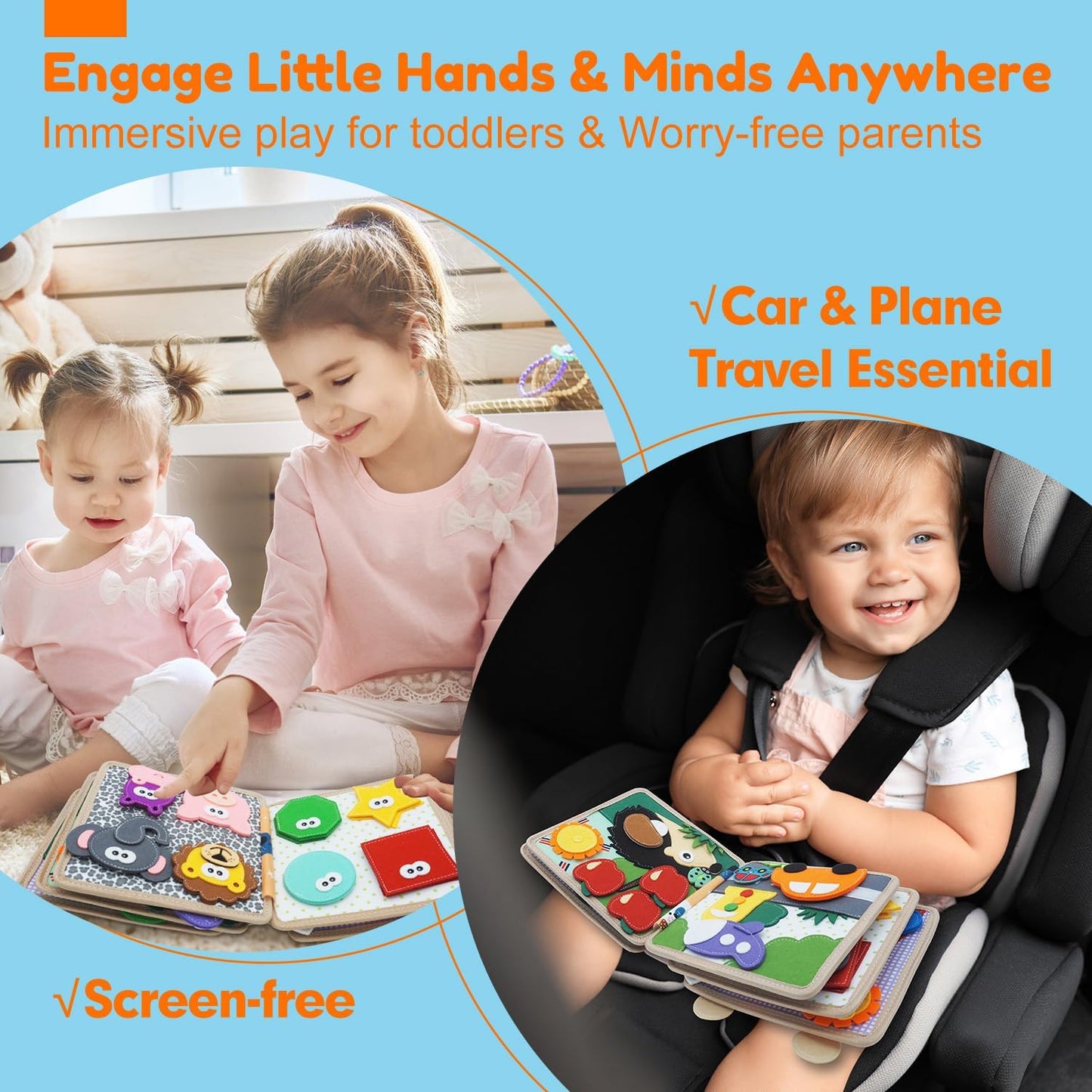 Felt Busy Book for Toddlers 1-3, Montessori Busy Board for 1 Year Old, Quiet Book Airplane Travel Toys, Sensory Early Learning Educational Toy, Road Trip Activity Books, Girls Birthday Gifts