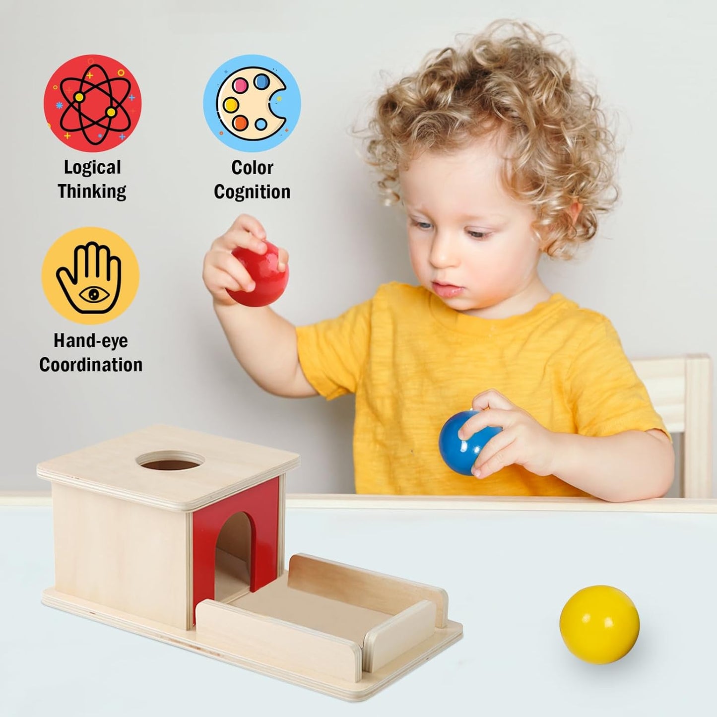 Adena Montessori Wooden Toy for 6-12 Month Baby 3 Balls with Tray, Object Permanence Box Colorful Learning Education Toy for Toddler Kid 1-2 Year Old, Preschool Developmental Girl and Boy Gift