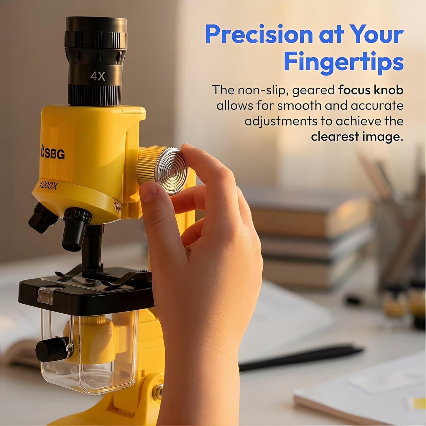 Kids Microscope Kit with LED Light - 100X/400X/1200X Magnification for STEM Learning, 12 Prepared Slides, Easy-to-Use Science Learning Kit (Ages 5-12) - Yellow