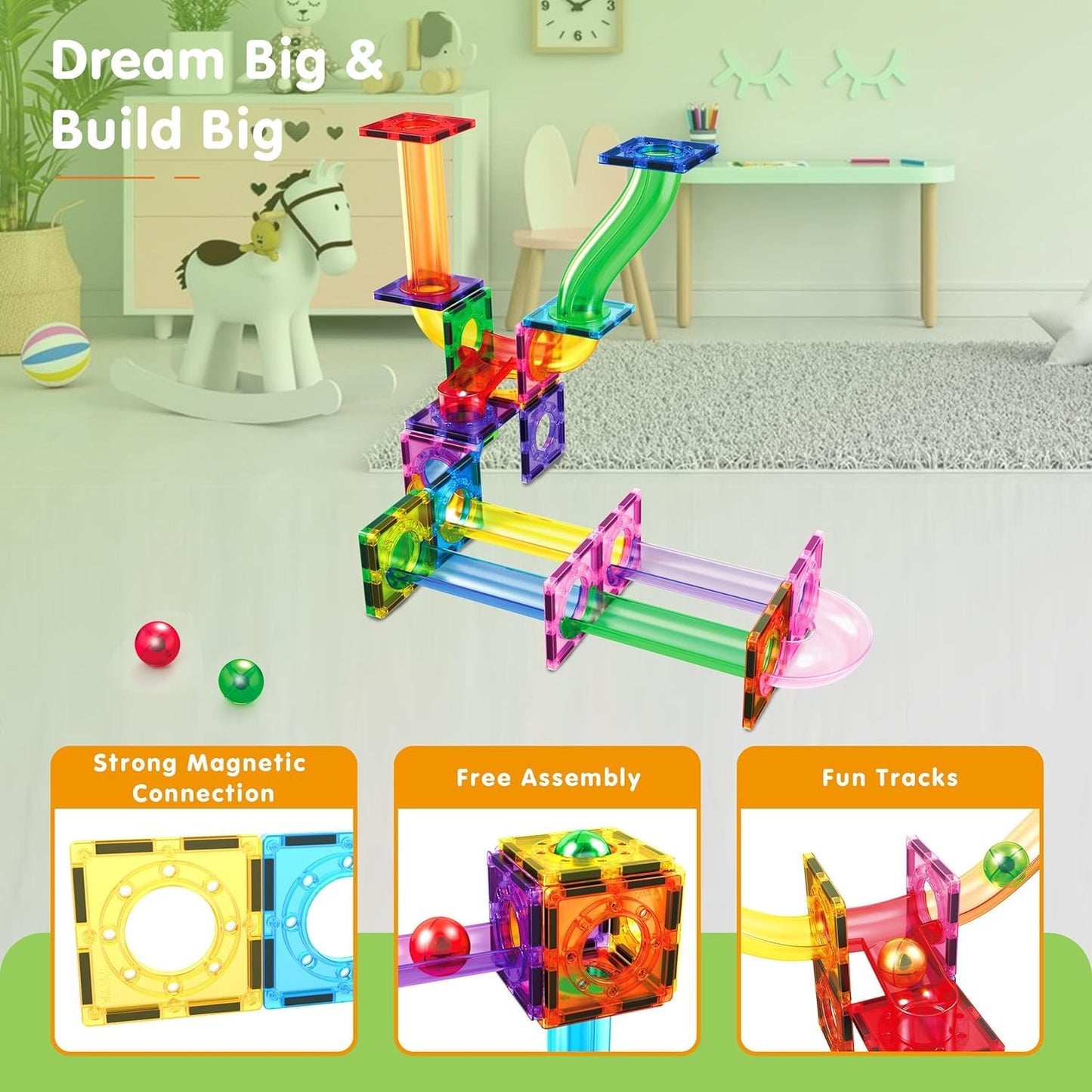 PicassoTiles 70pc Marble Run Magnetic Tiles STEM Set for Kids Ages 3 and Older Magnet Tile Marbles Maze Building Blocks Brain Development Toy Preschool Educational Learning Construction Playset PTG70
