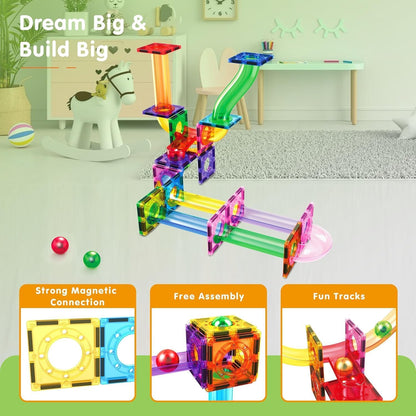 PicassoTiles 70pc Marble Run Magnetic Tiles STEM Set for Kids Ages 3 and Older Magnet Tile Marbles Maze Building Blocks Brain Development Toy Preschool Educational Learning Construction Playset PTG70