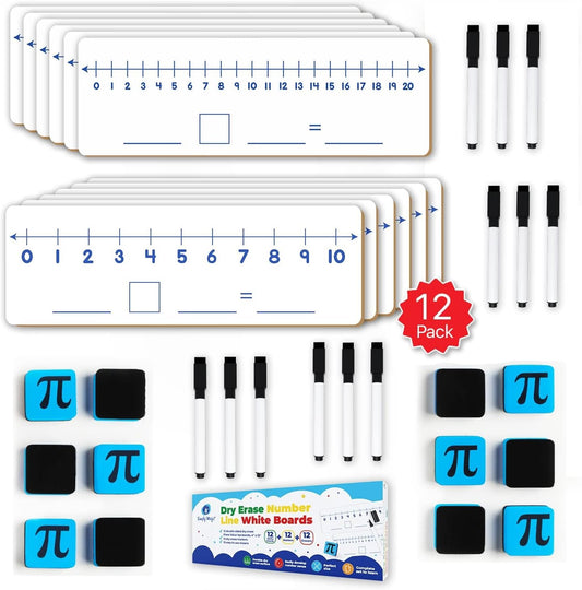 12-Pack Double-Sided Dry Erase Number Line White Boards - 4"x12", Elementary Numberline Strips, White Boards for Students, Math Manipulatives Must Haves, Number Line for Classroom Set - Simply Magic