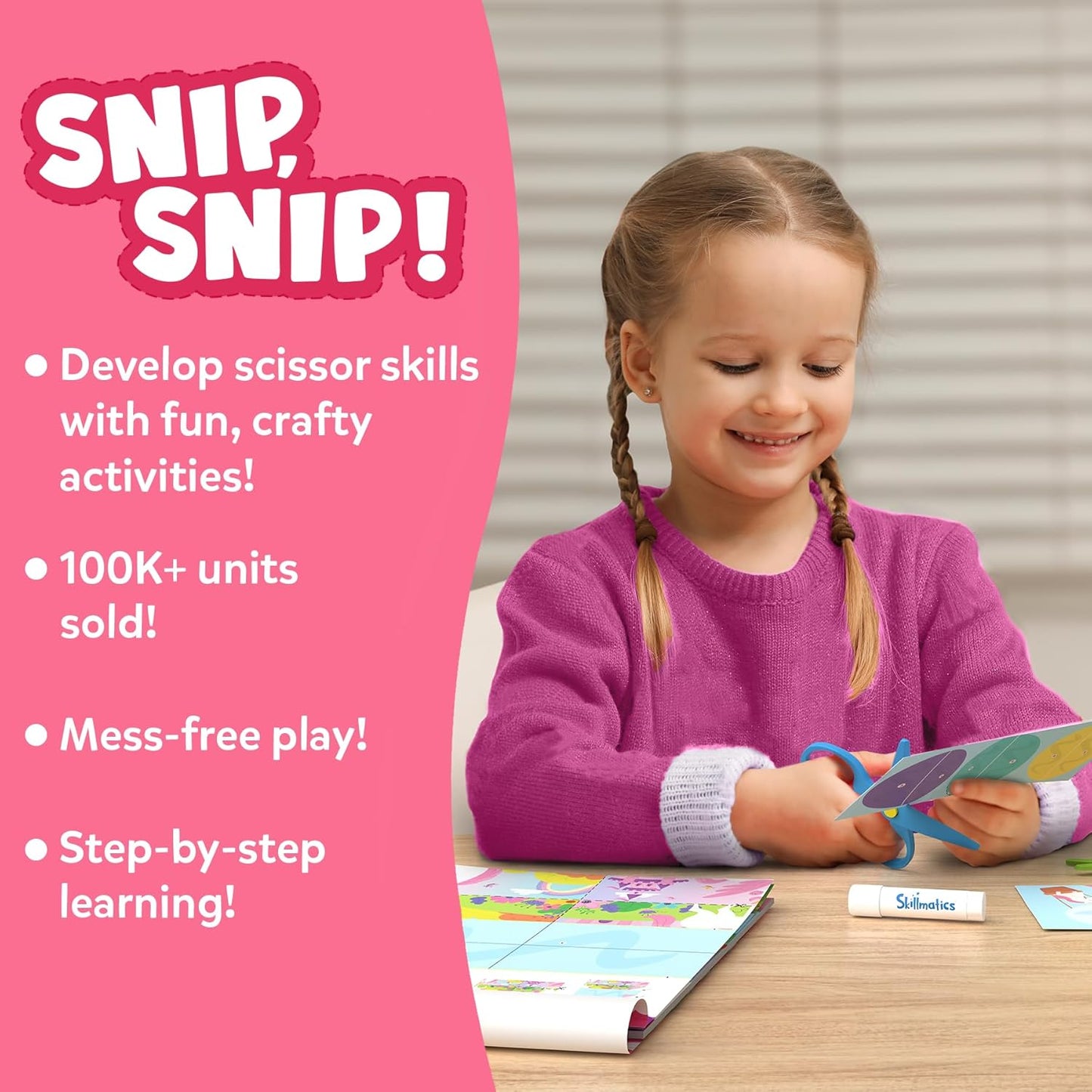 Skillmatics Scissor Skills Activity Book - Snip Snip, 25 Cutting Activities for Preschoolers, Felt Craft Kit, 2 Child-Safe Scissors, Fine Motor Skills, Screen-Free Fun, Gifts for Kids Ages 3-7