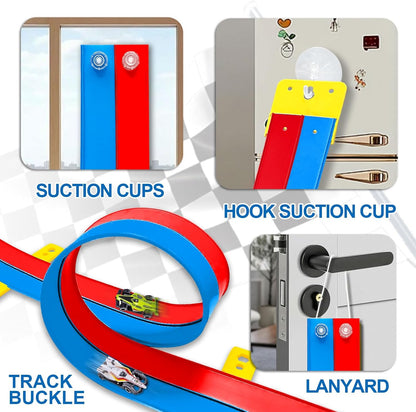 Flexible Race Track Toys for Kids, 15 Ft Double Lane Racetrack with 4 Cars & Suction Cups, Compatible with Hot Wheels & 1/64 Diecast Cars, Portable Roll Up Car Ramp Track Set for Ages 3+(Yellow&Blue)