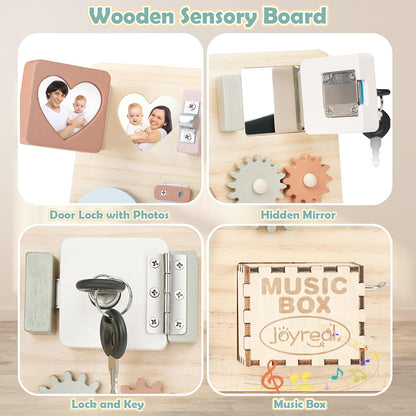 Joyreal Wooden Busy Board for Toddlers, Montessori Toys for 1 2 3 Year Old, Sensory Activity Board with Music Box & 10 Motor Skill Activities, Educational Travel Toys Gift for Boys Girls