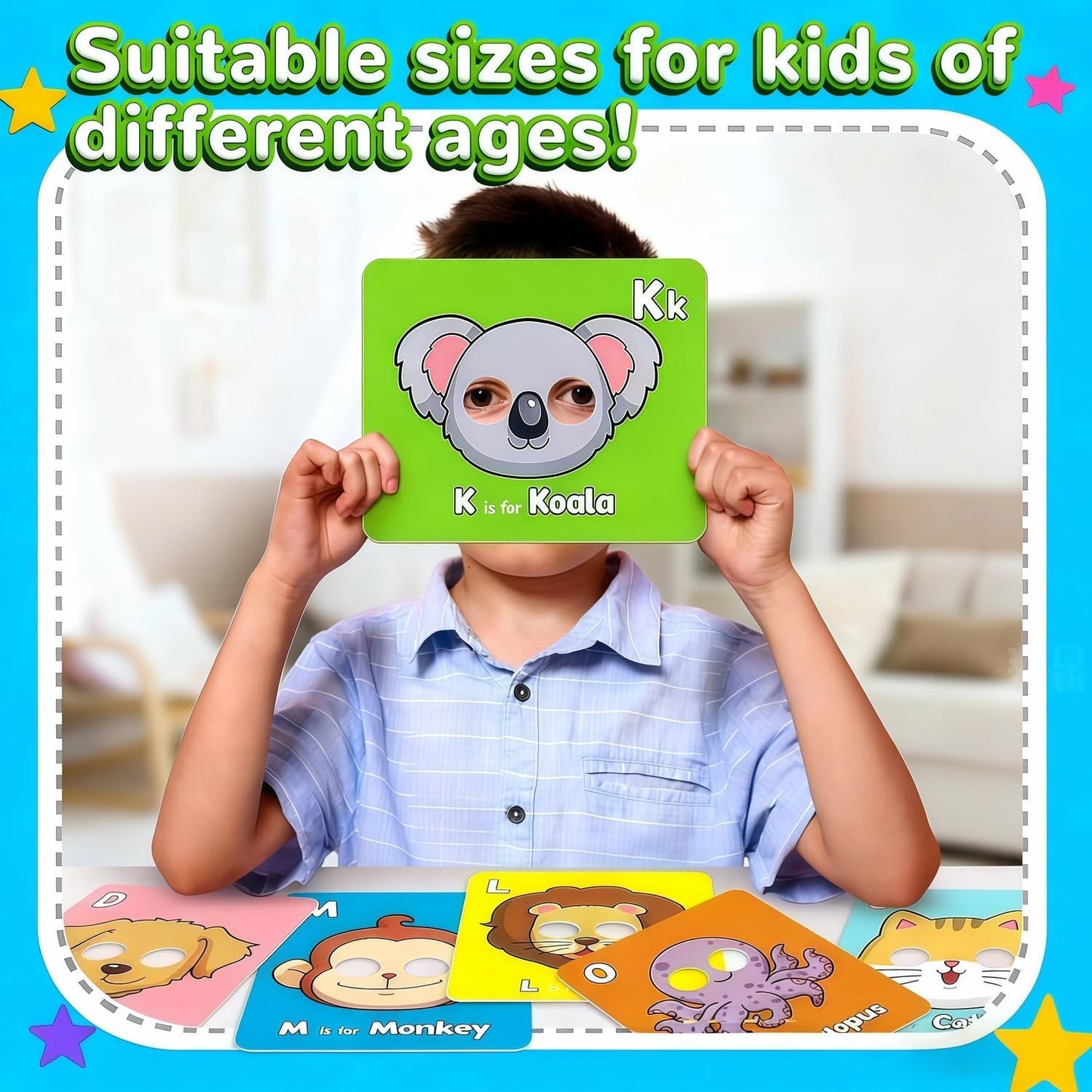 Alphabet ABC Flash Cards with Animal Masks, 26 Giant Animal mask Alphabet Cards, nteractive Education Games, Uppercase & Lowercase Learning Games，Colorful Mask Flashcards