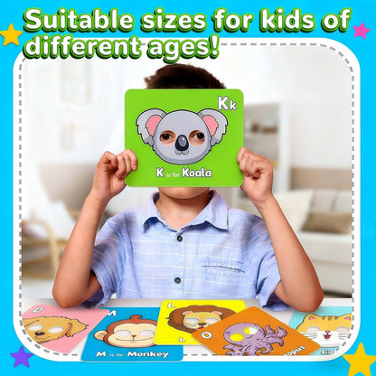 Alphabet ABC Flash Cards with Animal Masks, 26 Giant Animal mask Alphabet Cards, nteractive Education Games, Uppercase & Lowercase Learning Games，Colorful Mask Flashcards
