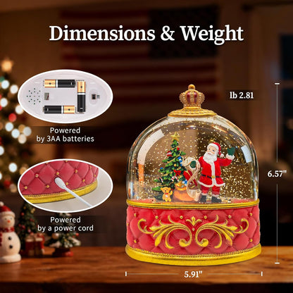 Musical Santa Snow Globe - Lighted Plastic Christmas Snow Globes with LED Lights and Swirling Glitter, Hand Painted Santa Claus Decoration Playing 8 Holiday Songs, Gift for Adults and Kids
