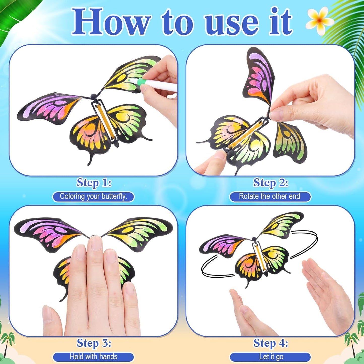 Seenelling 44 Pcs Flying Butterfly Craft Kit with 32 Wind up Butterflies and 12 Color Pens People Painting White Paper Butterflies DIY Toy for Party Game School Activity Birthday Gift (Style 3)