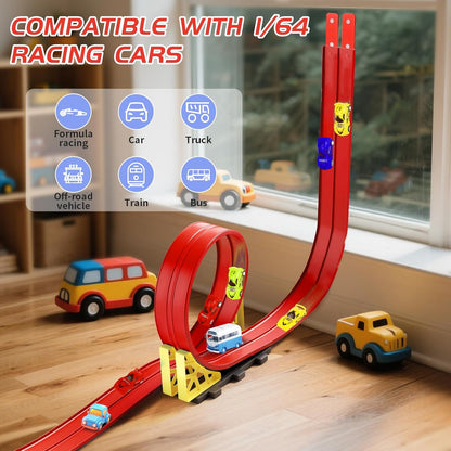 16.5ft Build Anywhere Portable Race Track with Suction Cups - Flexible Roll-Up Design Fits 1/64 Scale Cars, Portable Toy Gift for Kids 4+ Year Old (3 Tracks/Red)