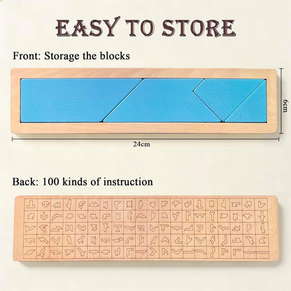 KINGOU Wooden T Puzzle Brain Teaser with 100 Challenges, Geometric Tangram Puzzles for Kids & Adults, Advanced Stem Logic Game with Wood Base, Educational Shape Pattern Blocks Travel Toy Gift