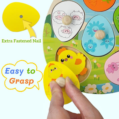 Easter Wooden Peg Puzzles Montessori Educational Toys for Toddlers 1-3 Years, Easter Basket Stuffers Party Favors for Boys Girls