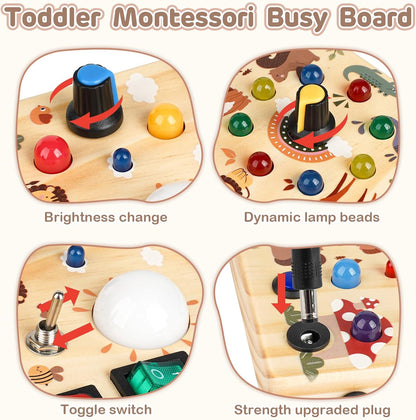 Sanlebi LED Busy Board for Toddlers 1-3,Montessori Toy with Key Switch, Light Up Wood Activity Sensory Board for Fine Motor Skills, Educational Travel Toy Gift for 1 2 3 Year Old Boys Girl