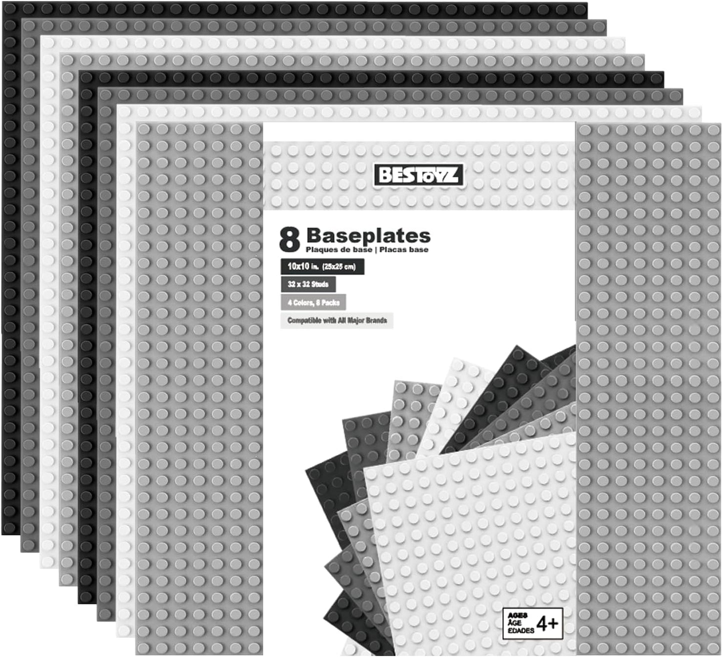Building Bricks Baseplates Multipack 32x32 Stud, 8 Pack of Base Plates in Color of Black, Dark Grey, Light Grey & White, Foundation & Display for Building Blocks, 10x10 in. (25.5x25.5 cm)