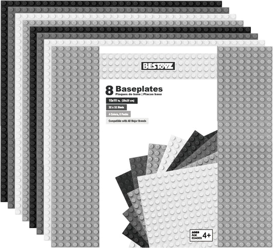 Building Bricks Baseplates Multipack 32x32 Stud, 8 Pack of Base Plates in Color of Black, Dark Grey, Light Grey & White, Foundation & Display for Building Blocks, 10x10 in. (25.5x25.5 cm)