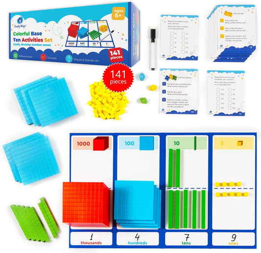 Simply magic 140+1 PCS Colorful Base Ten Blocks & Activities Set - Base Ten Blocks Classroom Set, Base 10 Math Manipulatives, Place Value Blocks Mat, Ones Tens Hundreds Blocks, Math Counters Cubes