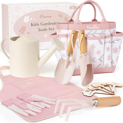 Kids Gardening Set, Quality Gardening Tools Outdoor Toys Set for Kids Toddler, Includes Tote Bag, Gloves, Watering Can, Shovel, Rake, Cultivator, Garden Tool Kit Learning Outdoor Gifts for Boys Girls