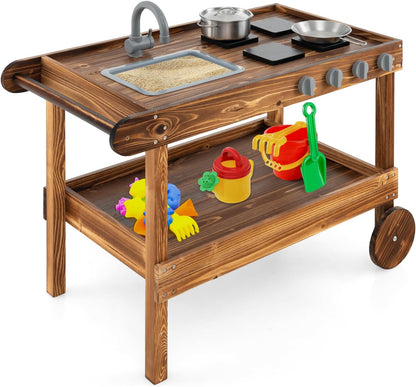 KOTEK Mud Kitchen with Canopy, Outdoor Play Kitchen with Removable Sink, Chalkboard, 4 Stoves, Cooking Accessories & Storage Cabinet, Wooden Toy Kitchen Playset for Kids Age 3+