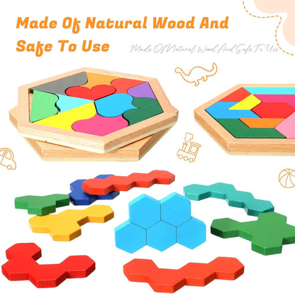 Jerify 8 Pack Wooden Tangrams Puzzles Wooden Hexagon Puzzles Blocks Geometric Tangram Jigsaw for Adults 3D Logic Intelligence IQ Game Gift