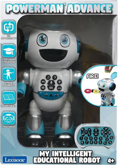 LEXiBOOK Powerman Max - Remote Control Walking Talking Toy Robot STEM Programmable Dances Sings Telling 10,000 Stories 300+ Learning Quiz Shooting Discs and Voice Repeat for Kids 4+ - ROB80EN, White