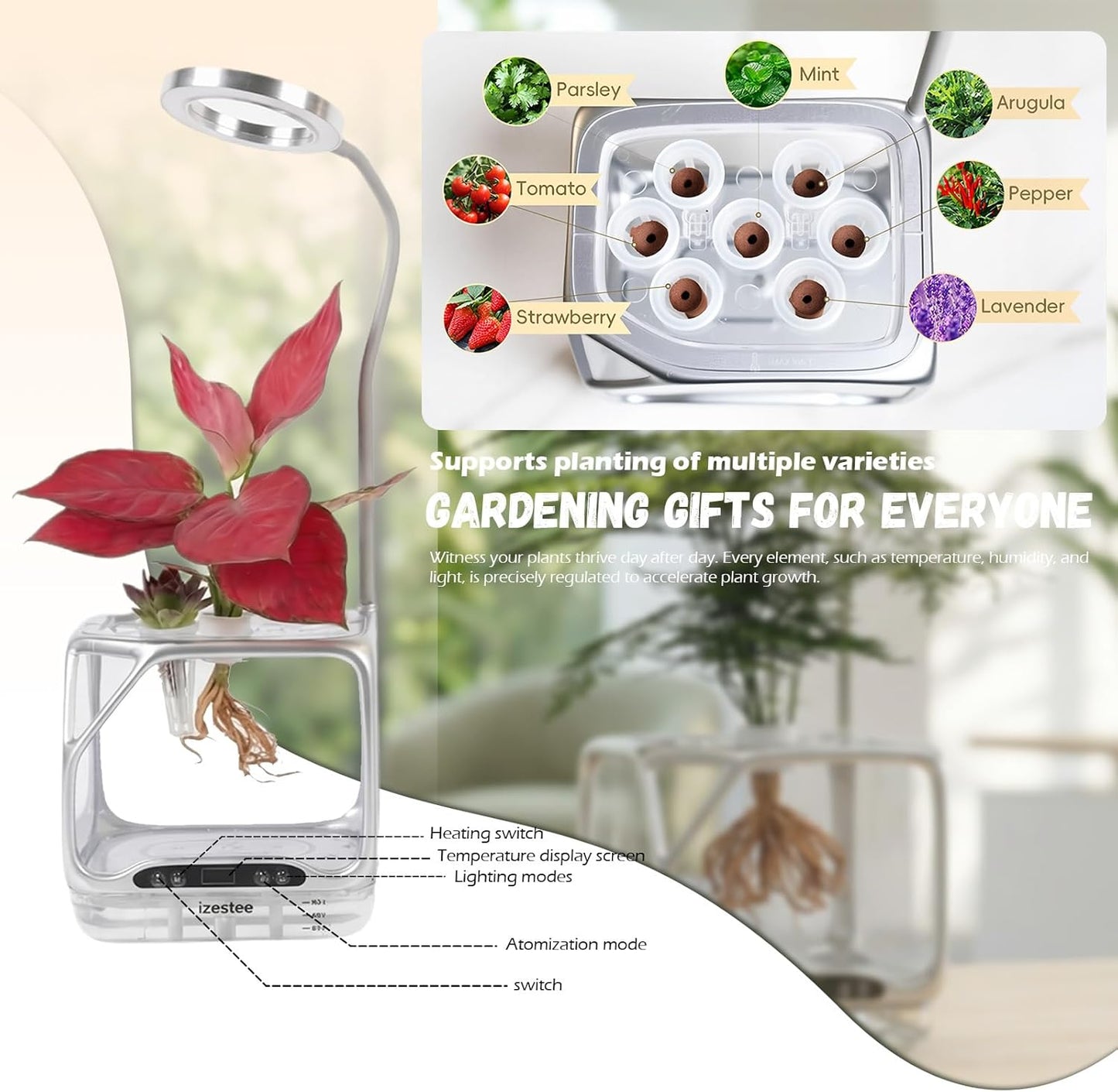 Misting Hydroponic Growing System Kit, Smart Aeroponics Indoor Herb Gardening Planter Root View,Air Humidifier&Auto Light-3 Mist Modes,Temperature Control for Growing Vegetables/Flowers/Pods/Fruits