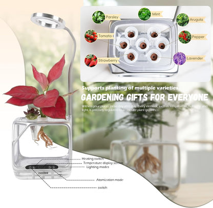 Misting Hydroponic Growing System Kit, Smart Aeroponics Indoor Herb Gardening Planter Root View,Air Humidifier&Auto Light-3 Mist Modes,Temperature Control for Growing Vegetables/Flowers/Pods/Fruits