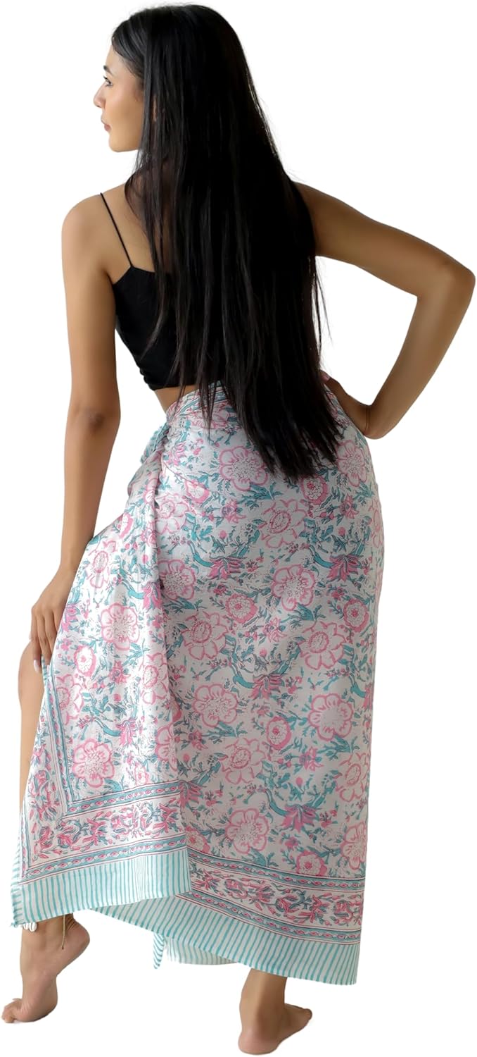 100% Cotton Sarong Cover Up for Women Indian Block Print Beach Wrap Skirt Long Boho Swimsuit Bikini Pareo (73” x 43”)