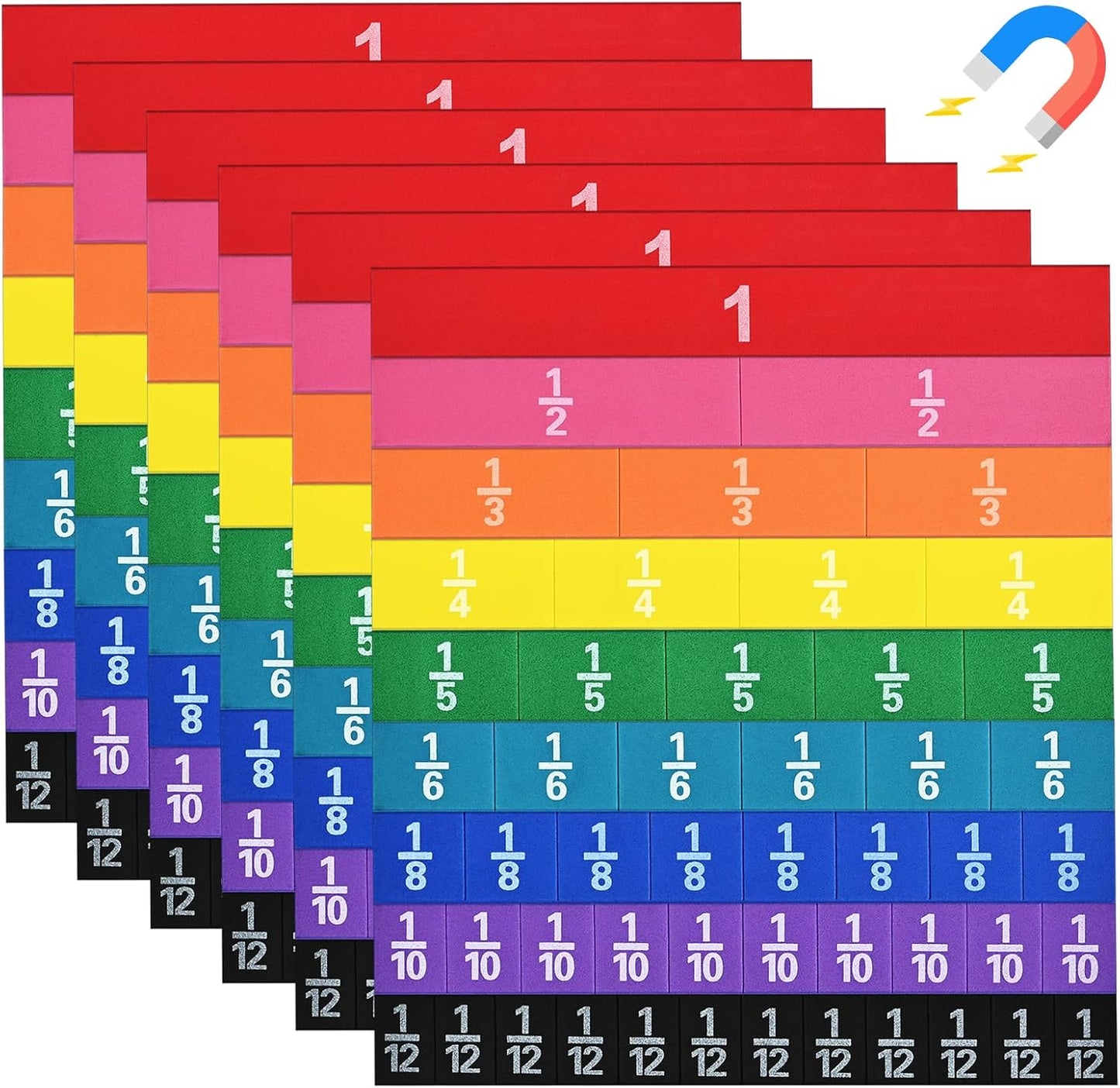 6 Sets Magnetic Fraction Tiles for Classroom EVA Foam Manipulatives CCSS, STEM, ASTM Rainbow Fraction Tiles Math Learning Manipulatives Set Fraction Bars for Preschool Elementary School