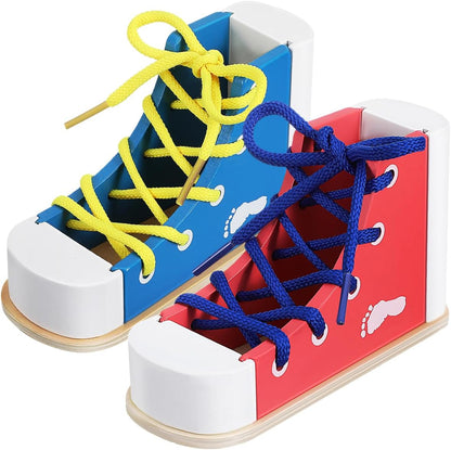 STOBOK 2pcs Learn to Tie Shoes for Kids with Wooden Lacing Sneaker Toy Tie-Up Shoe Practice Kit Threading Montessori Educational Toys (Blue + Pink)