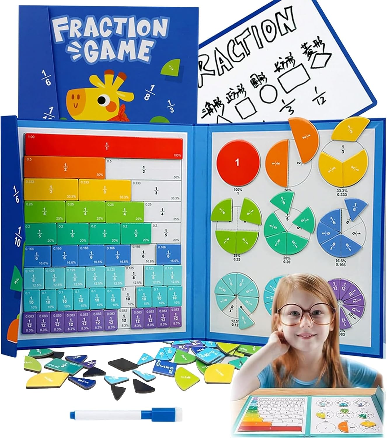 2026 New Magnetic Fraction Demonstration Book, 102 Pcs Magnetic Fraction Tiles & Fraction Circles, Magnet Fraction Disc Set for Kids, Math Fractions Manipulatives for Elementary Middle School (Set-A)